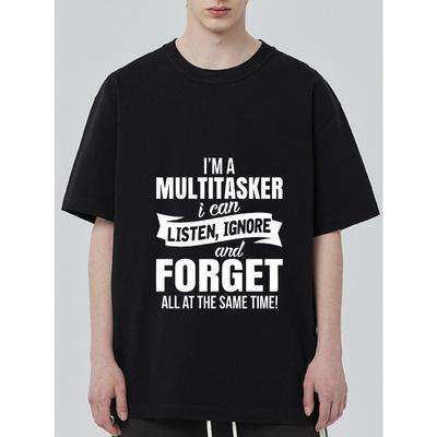 Black T-Shirt with Multitasker Listen Ignore and Forget Text Design for Casual Wear