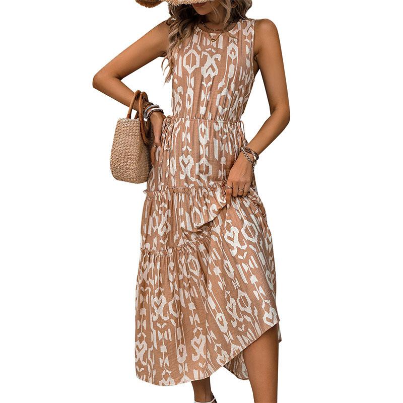 2025 New Simple Casual Vacation Style Sleeveless Abstract Geometric Print Dress