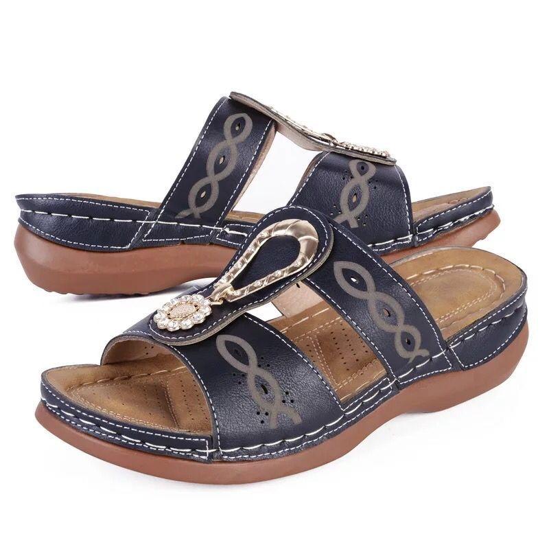 Slippers women's slope heel stitching rhinestone cool slippers new large size hollow flat sandals