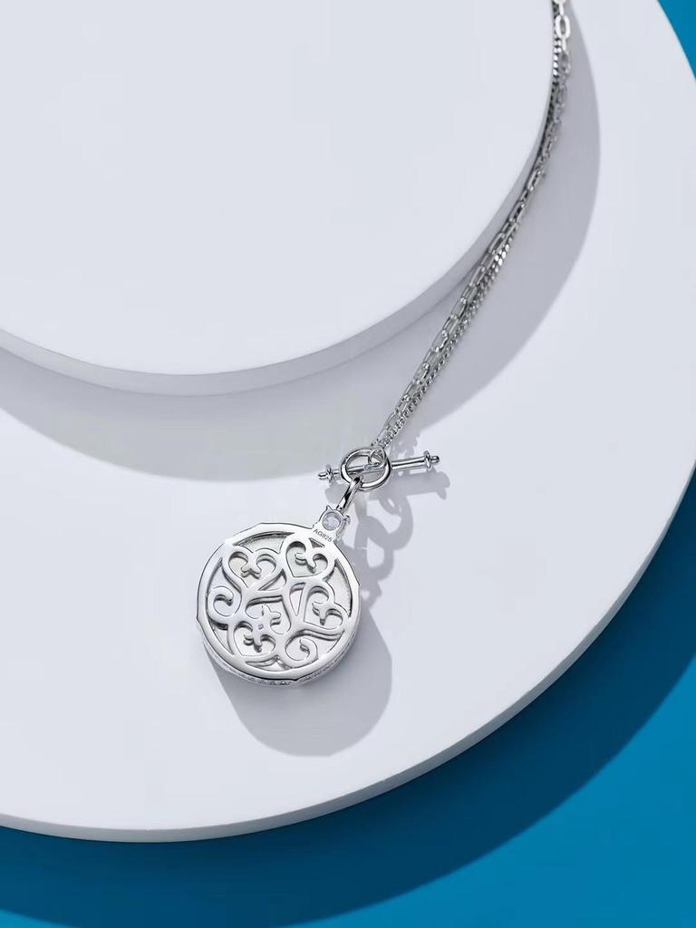 925 Sterling Silver Women's Pendant Necklace with Natural Green Chalcedony and Round Diamond-Set - Elegant Light Luxury Style