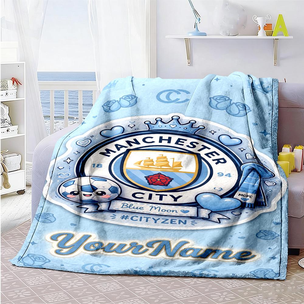 Manchester City Personalized Text Blanket Lightweight Personalized Blanket Durable Comfort Suitable for Couch Office Chair Livingroom Chair