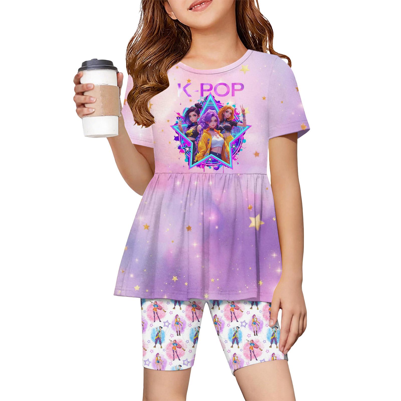 Fashionable Girls Summer Set Short Sleeved Ruffled Hem Top+Shorts 100 синий