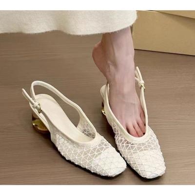 Fashion French Temperament Square Head Braided Bag Head Comfortable Sandal Spring and Summer New Fashion Crystal Single Shoes Dark Brown