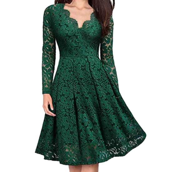 Retro Women Lace Floral V Neck Long Sleeve Tight Waist A-line Party Midi Dress