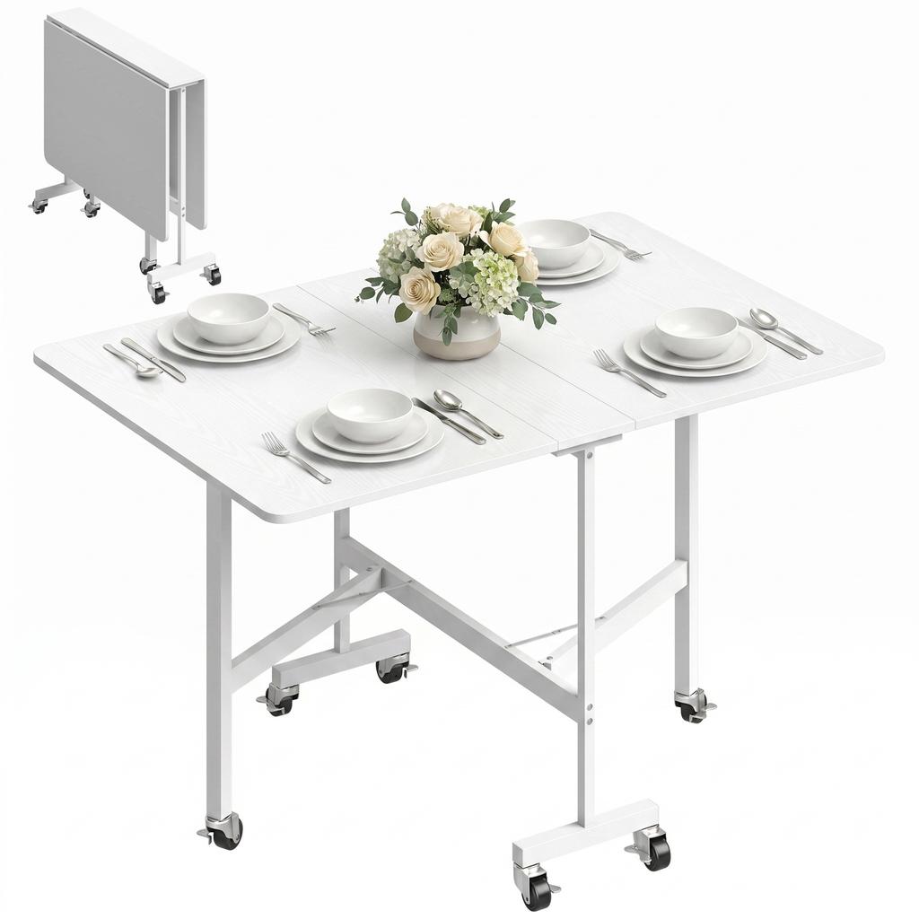 Folding Dining Table on Wheels, 4-6 People, 120 cm, Braked Wheels, 2 Drop Leaves, Industrial, White