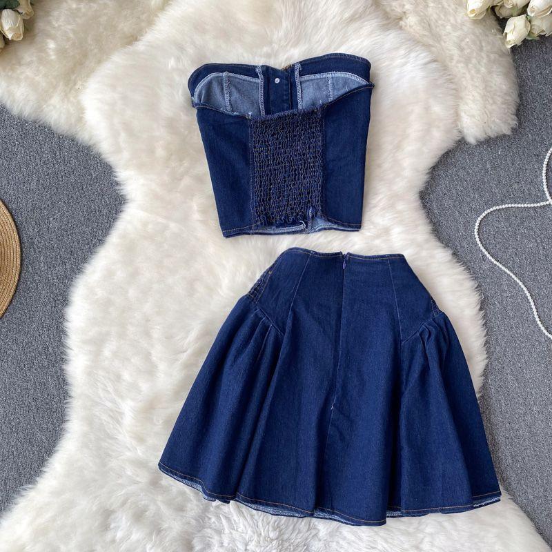 Sweet Cool Sexy Denim Tube Top Vest A- line Suit Skirt