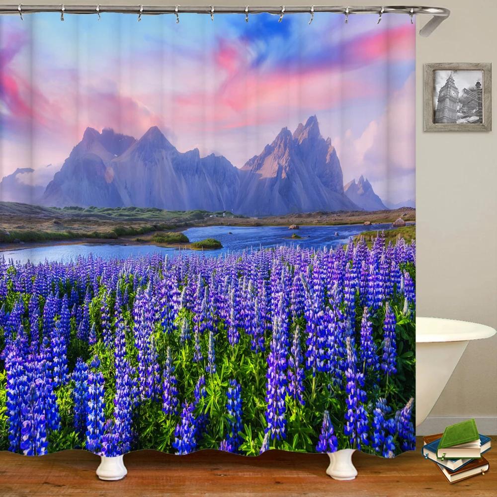 lavender scenery Print shower curtain natural Scenery bath curtain waterproof fabric bathroom curtain with Hook for home decor W90xH180cm
