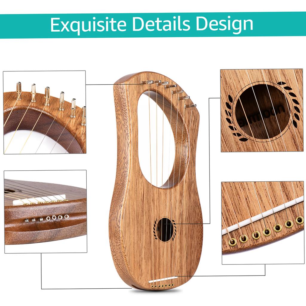 7-String Lyre Harp Ancient Lyres Terminalia Wood String Instrument with Carry BagCelsius Extra String SetCelsius Tuning WrenchCelsius Cleaning C