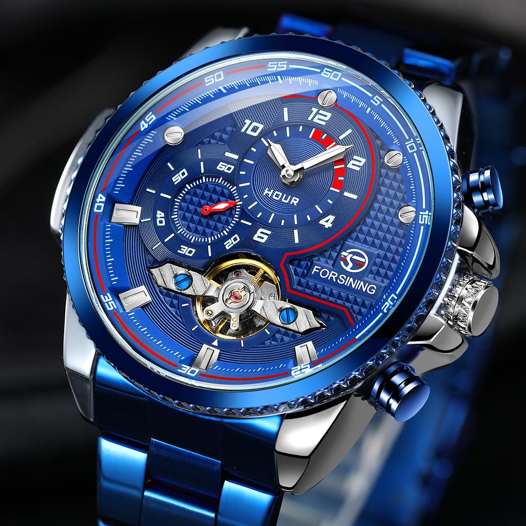 Forsining Mens Automatic Watches Stainess Steel Waterproof Wrist Watches Tourbillon Self Winding Mechanical Diamond Dial Wrist Watch