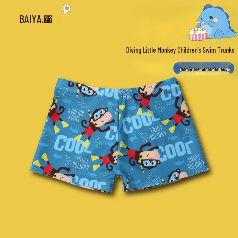 New Boys' Cartoon Swim Trunks - Comfortable Polyester for Hot Spring & Summer, Sizes Small & Medium