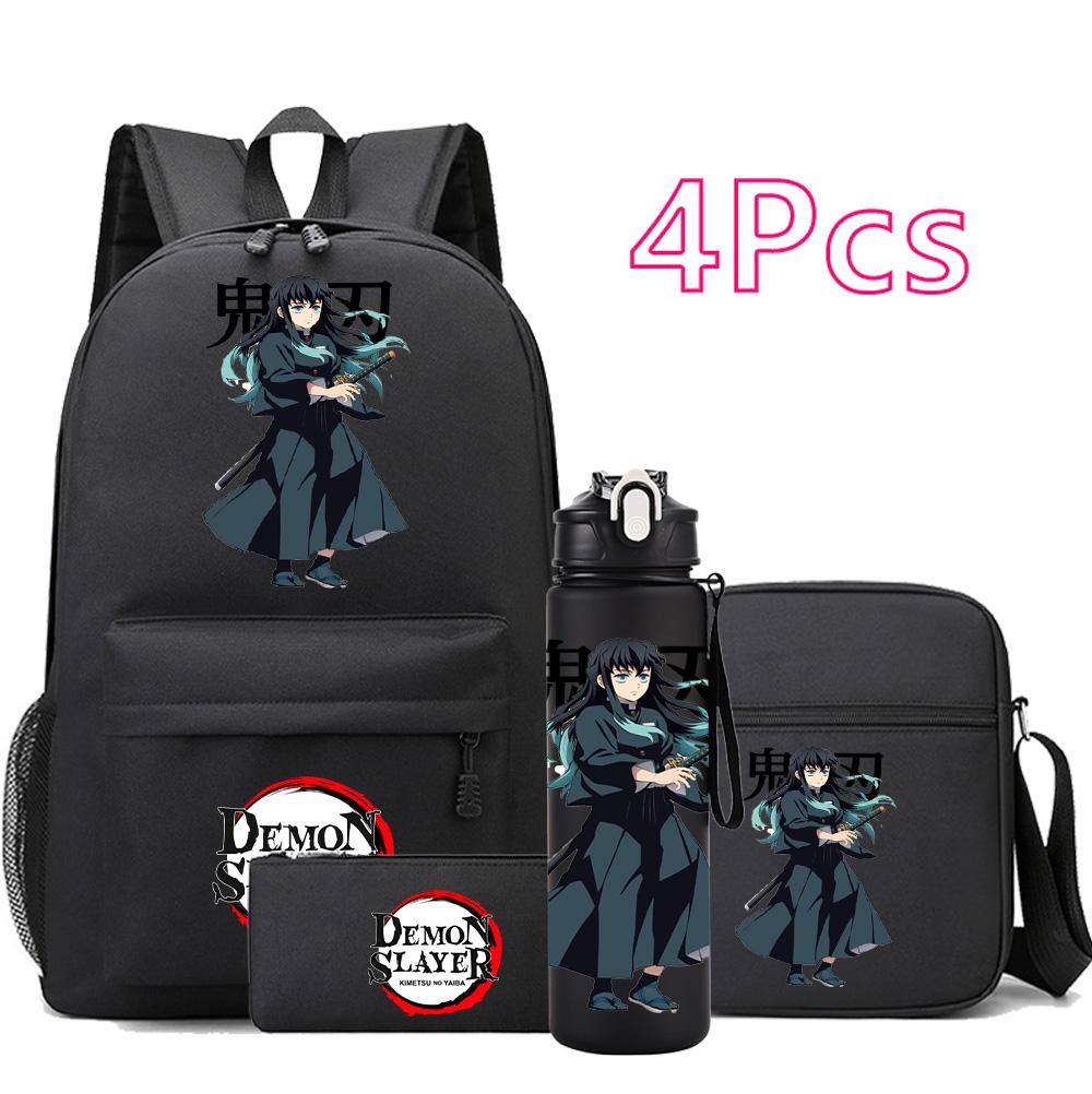 4 st/set Anime Demon Slayer Tryckt Ryggsäck Skolväska Axelväska Fodralväska med 750 ml Vattenflaska Pojke Flicka Stor Kapacitet Vattentät Skolväska