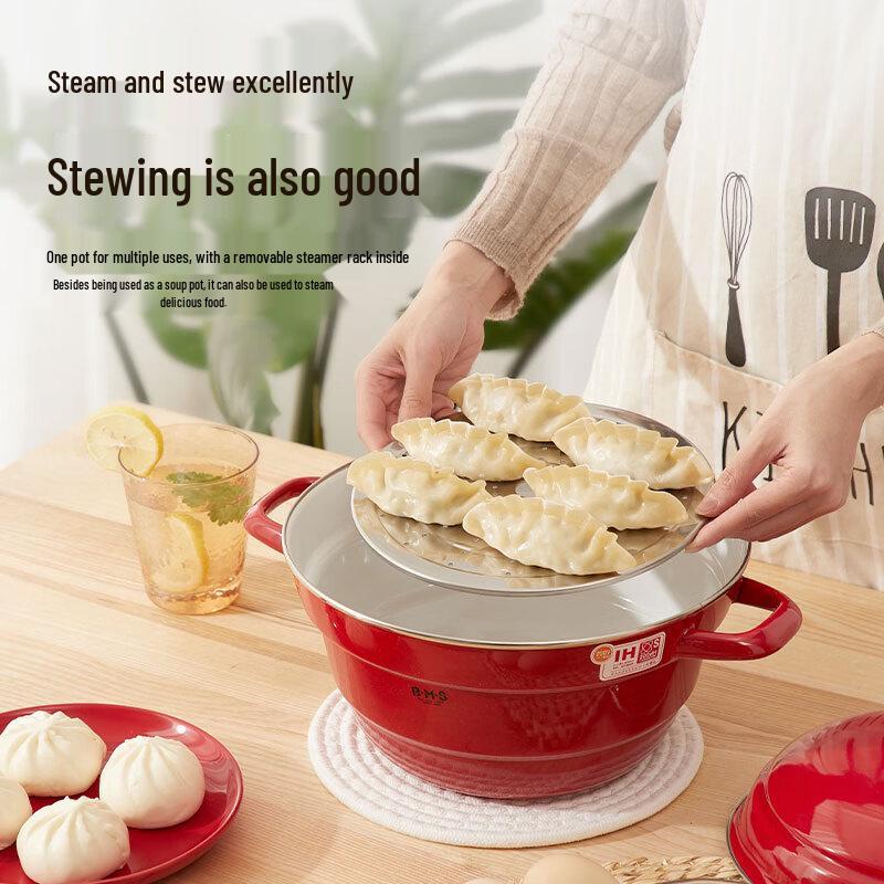 FUJIHORO Enamel Double-Handled Soup Pot with Steamer