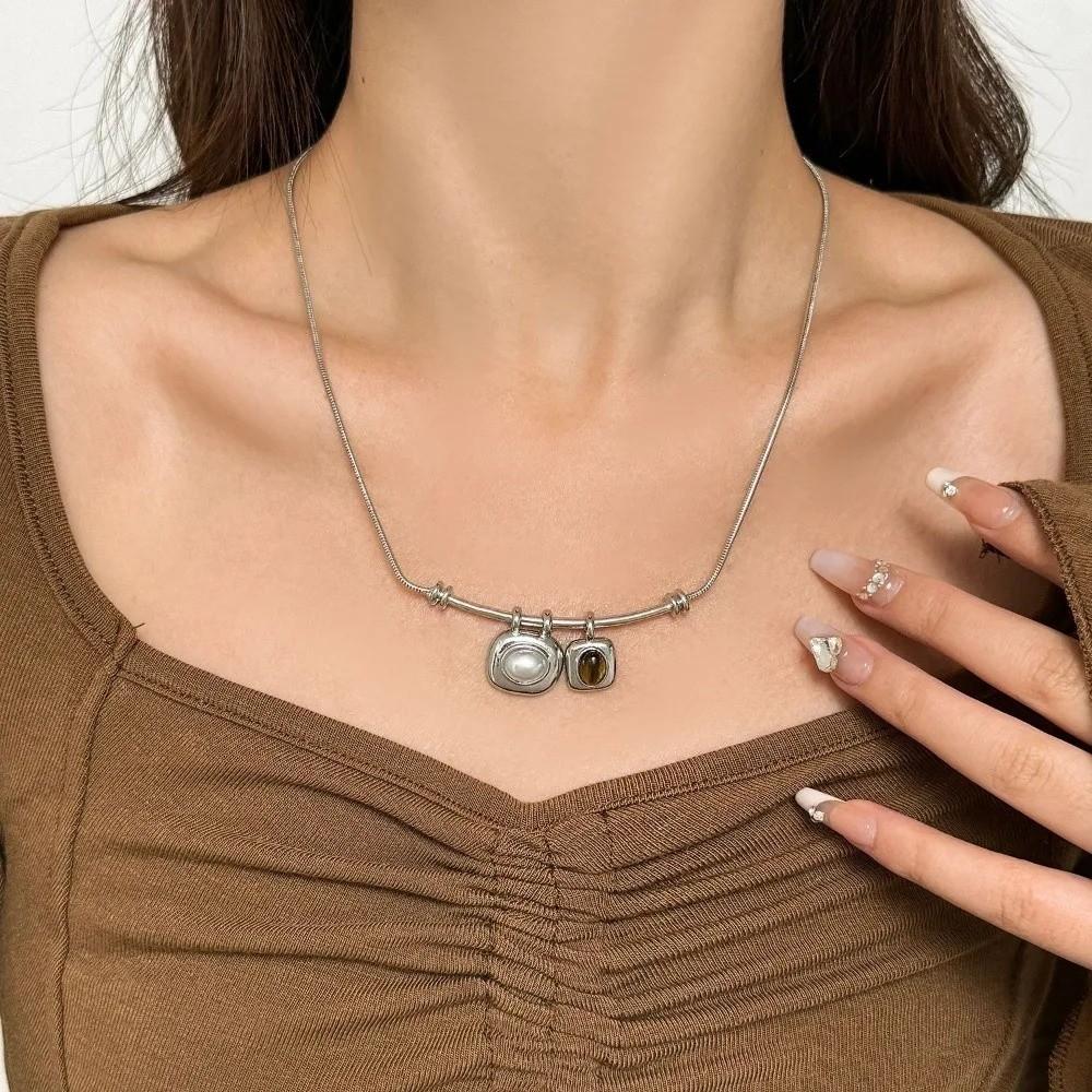 Imitation Pearl Tigereye Stone Pendant Necklaces Geometric Collarbone Necklace Women