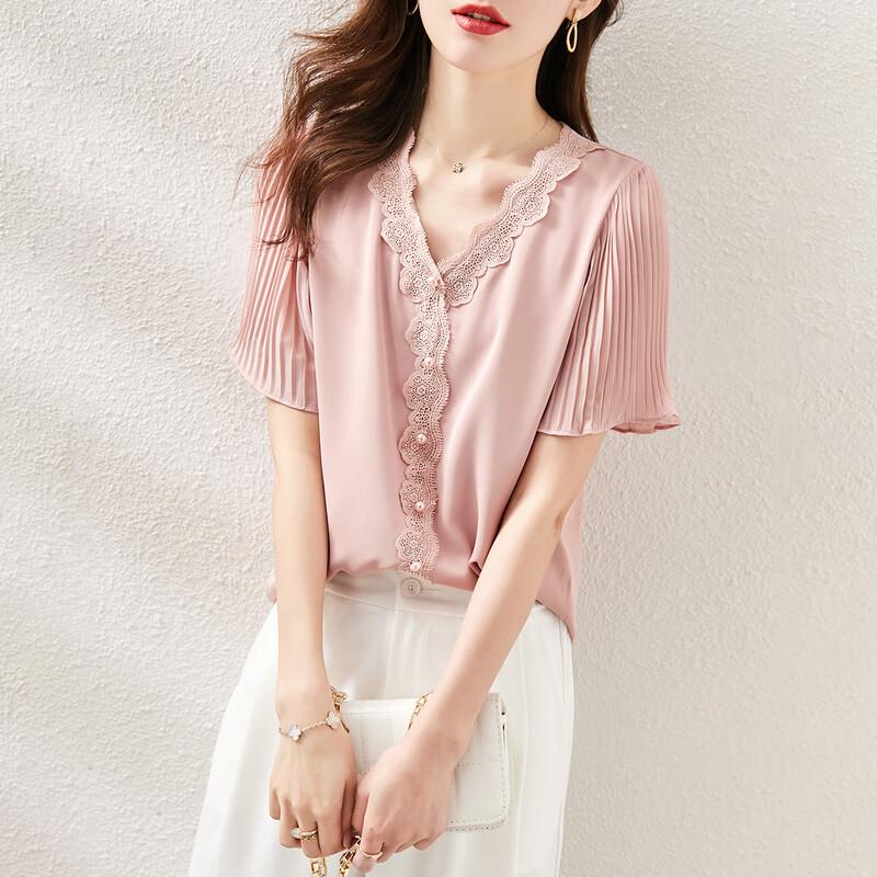 Srcr Women s Ruffled V-Neck Chiffon Short Sleeve Blouse L