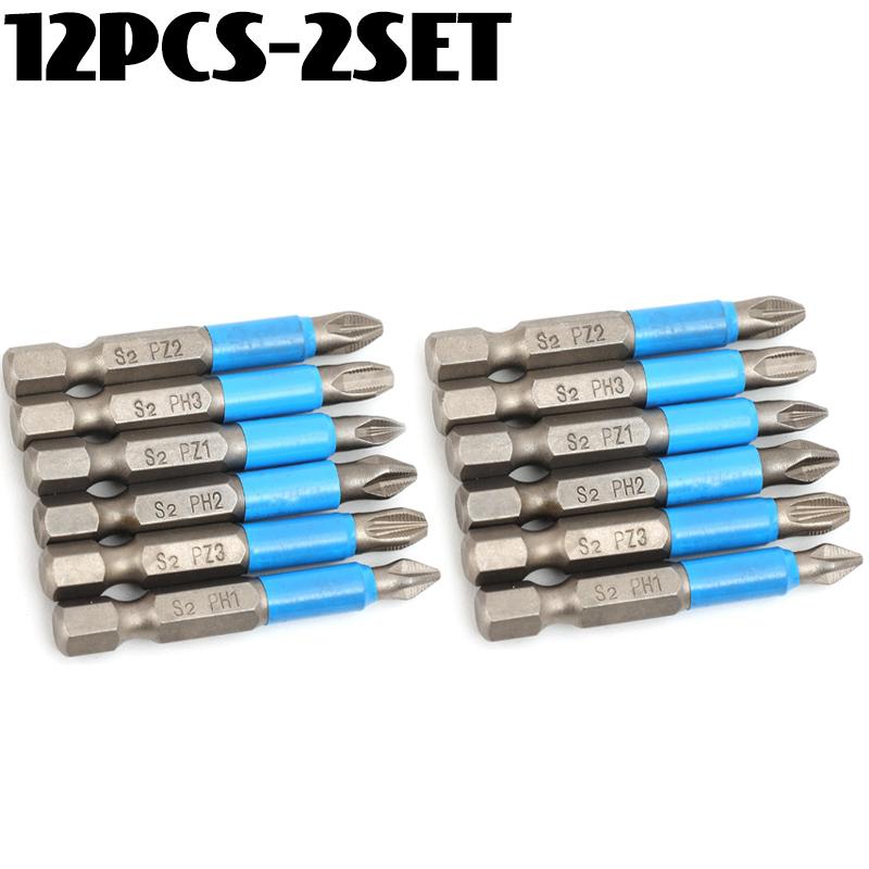 6/12x Hex Shank Screwdriver Bit Set PH1 PH2 PH3 PZ1 PZ2 PZ3 Head Anti Slip Teeth Hardware Electrical DIY Repair Accessories