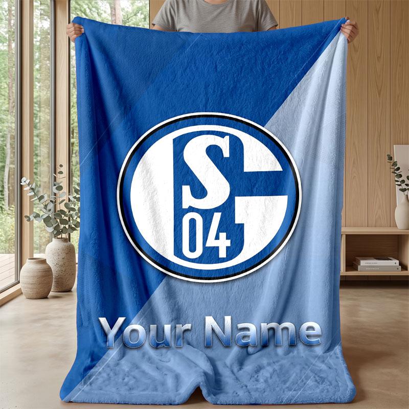 Schalke 04 FC Custom Name Text Flannel Blanket Soccer Logo Personalized Fleece Throw Blanket Special Gift For Sofa Bedroom Home