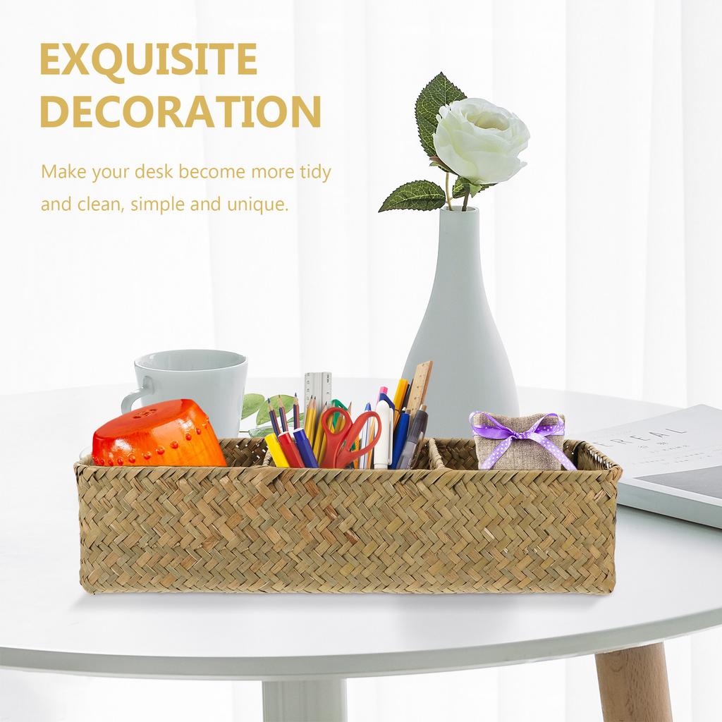 1Pcs Home Storage Box Woven Organizer 3 Compartments Desktop Sundries Storage Case Sea Grass Woven Desktop Organizer