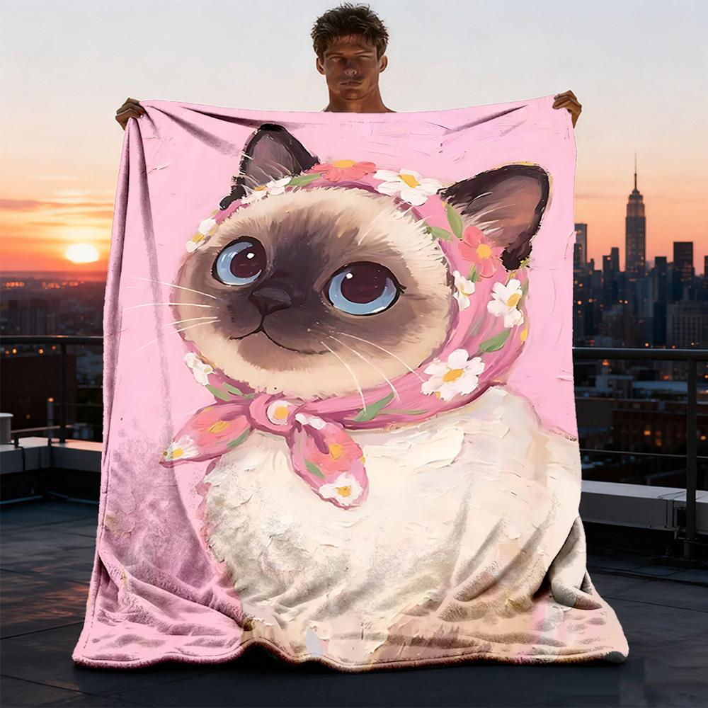 1pc Cat Floral Outdoor Blanket Soft Flannel Cozy for Travel & Camping All Season