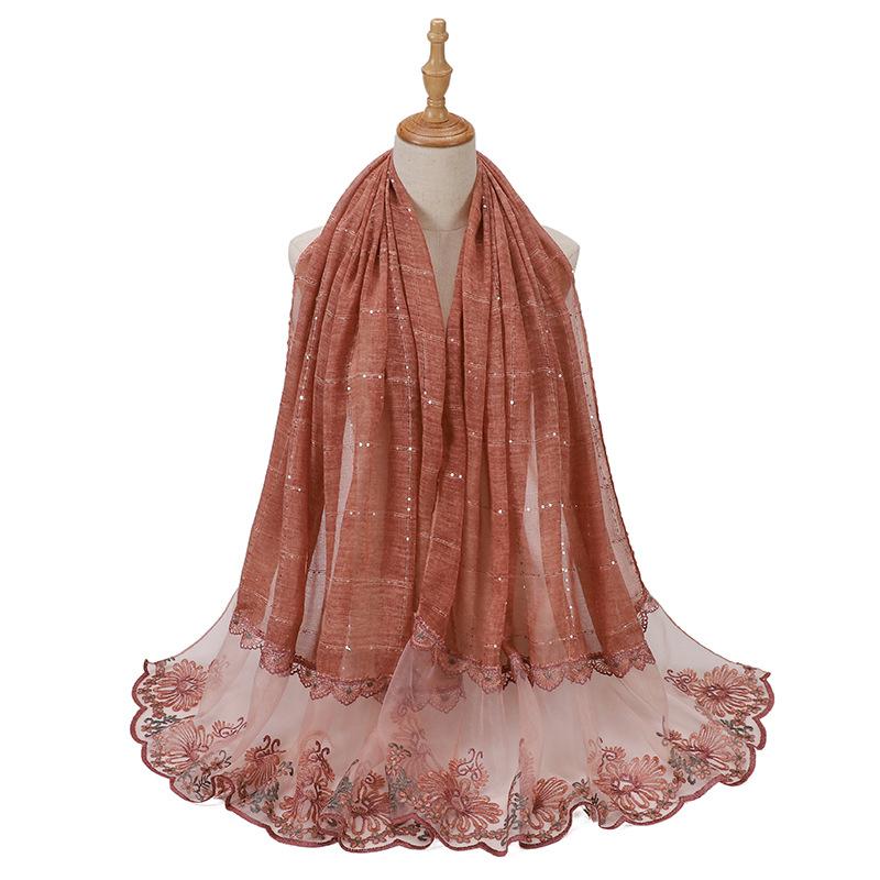 Glitter Scarf Islamic Long Shawls Wraps Luxury Flower Headscarf Headband New Embroidered Lace Sequins Hijab Stitching Splicing