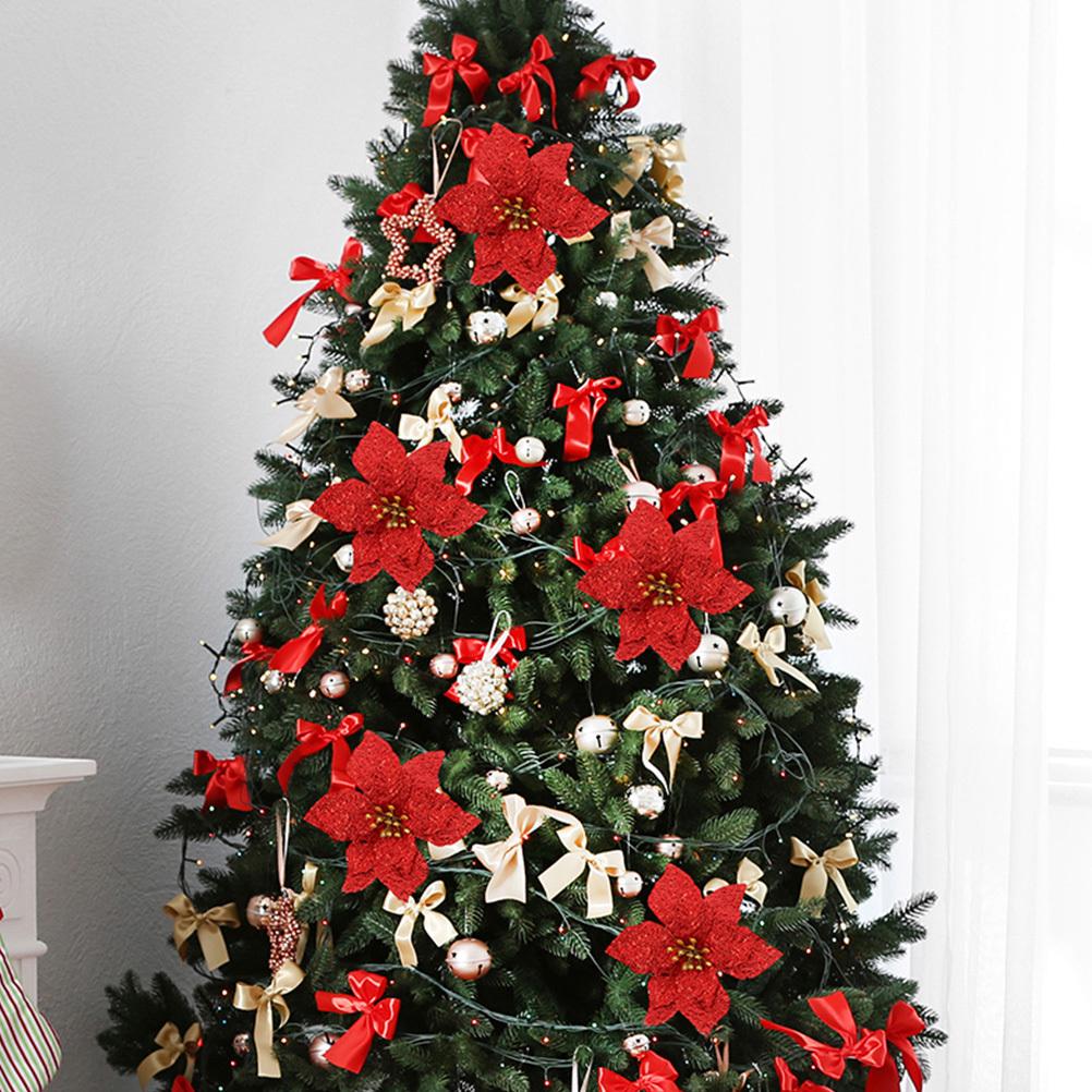 6pcs Christmas Tree Flower Decor Small Simulated Plastic Flowers Diy Glittering Holiday Wedding Decoration Artificial Garland