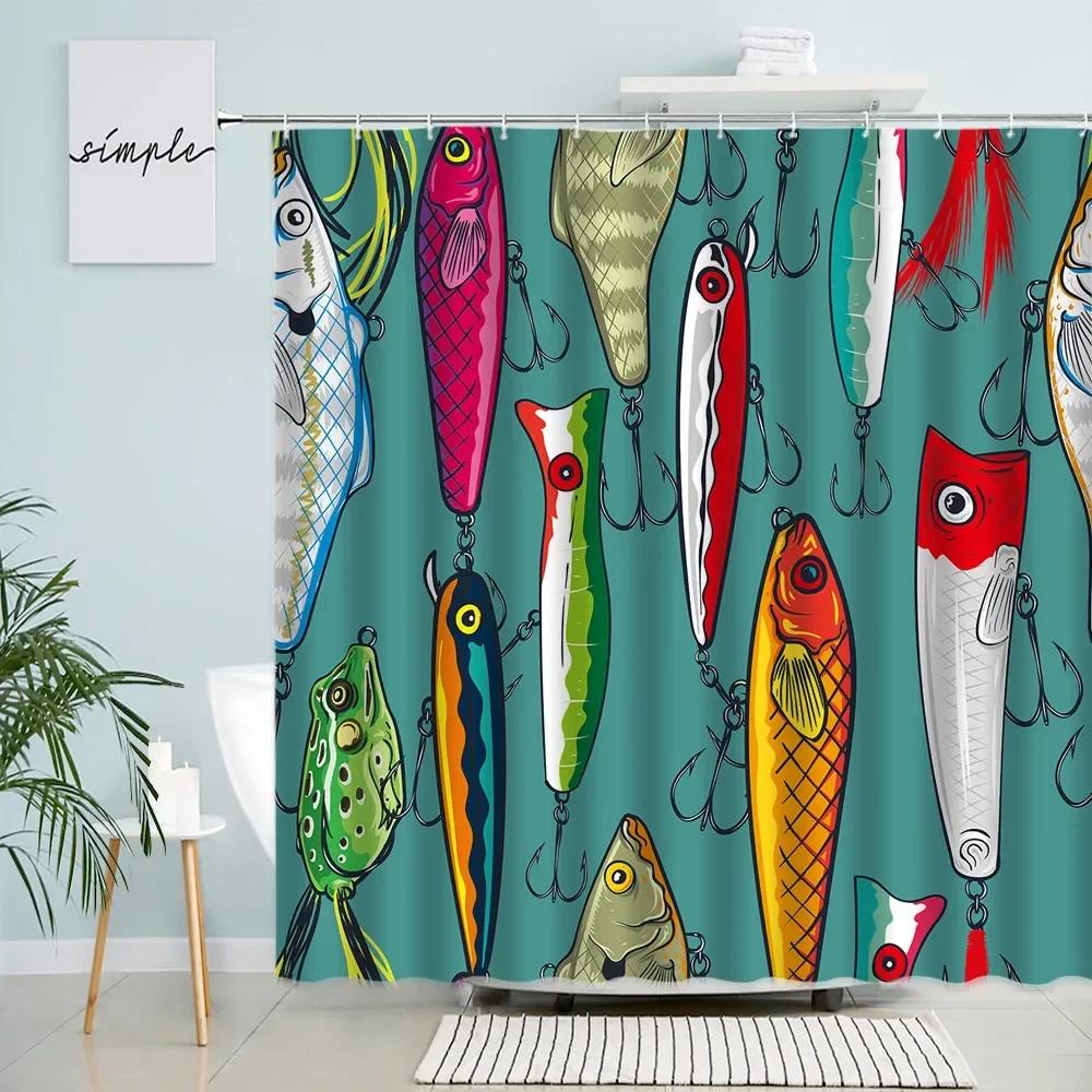 Tende da Doccia Pesci Cartoni Animati Amo da Pesca Rana Vita Marina Stampa Moderna Tessuto Decorazione Parete Casa Bagno Set Tende da Bagno Bianche