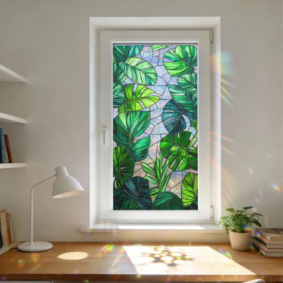 Window Privacy Film Stained Glass Floral Decorative Window Clings Colorful UV Blocking Static Glass Decals for Bedroom Living Room