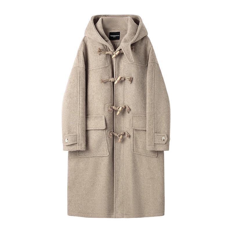 Men's College Style Woolen Coat: Horn Buckle, Hooded, Cotton-Padded, Thickened, Over-the-Knee, Trendy Mid-Length Jacket for Autumn and Winter.