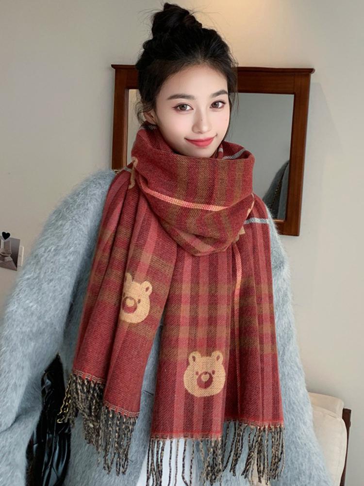 Women Autumn Winter Knitted Scarf Headscarf Lady Men Retro Plaid Print Tassel Scarve Foulard Wrap Shawl Casual Fashion Korean