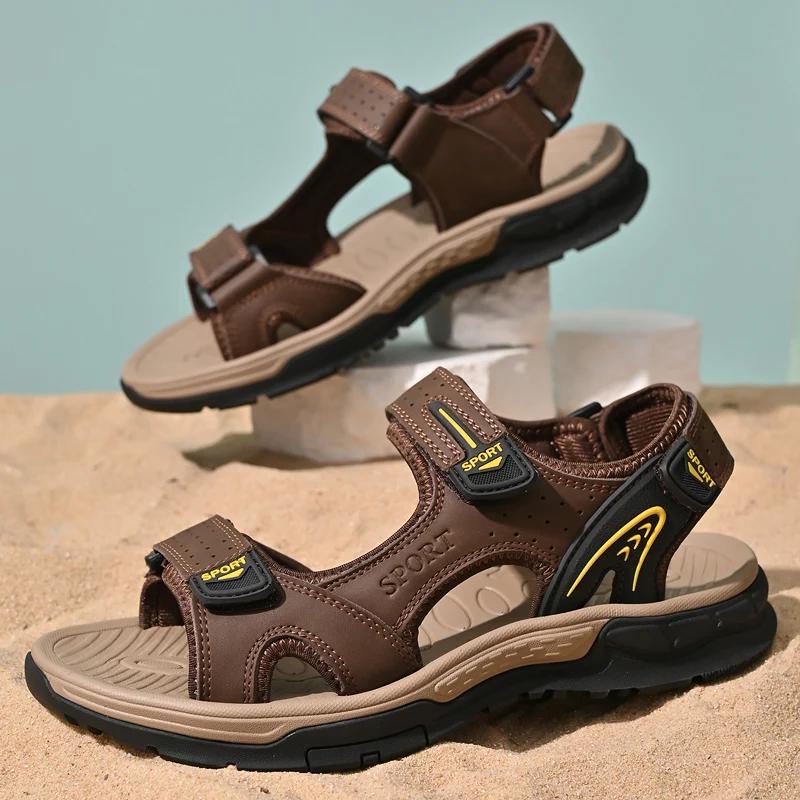 Mode Vintage Stil Herrsandaler Casual Lädersommarskor för Män Utomhussport Herr Strandskor Snabbtorkande Vattensport Aqua Skor