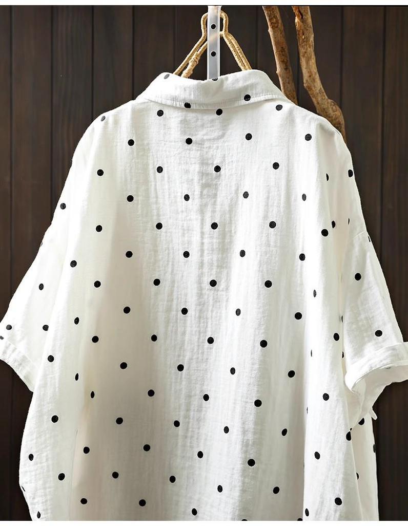 2025 Women's Cotton Linen Polka Dot Shirt - Short Sleeve, Loose Fit, Plus Size, Artistic Casual Summer Jacket