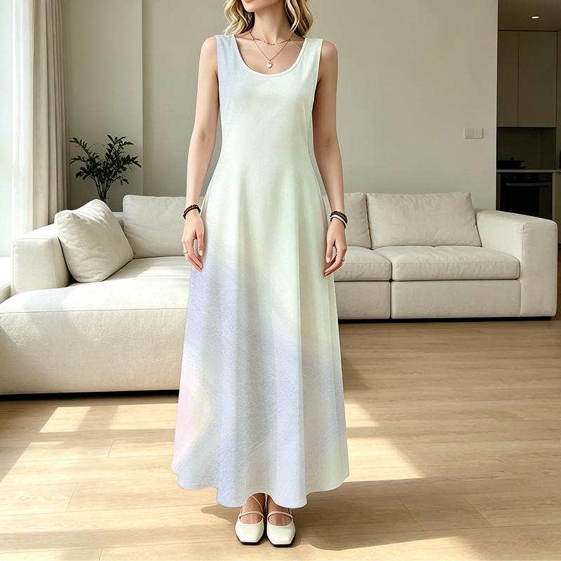 Women's U-Neck Sleeveless Solid Color Beach Dress,Soft Loose Casual Dress for Daily Outdoor & Vacation Wear
