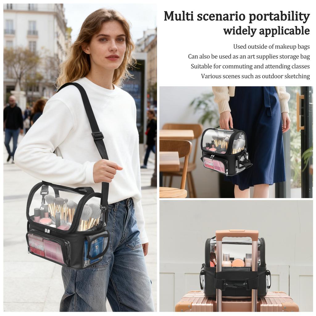 Makeup Bag PVC Transparent Makeup Brush Travel Case with Adjustable Strap & Dividers Large Capacity Portable Travel Cosmetic Bag