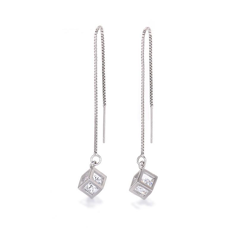 Thin-hole Three-dimensional Magic Cube Ear Cable for Women Niche Design Zircon Tassel Earrings