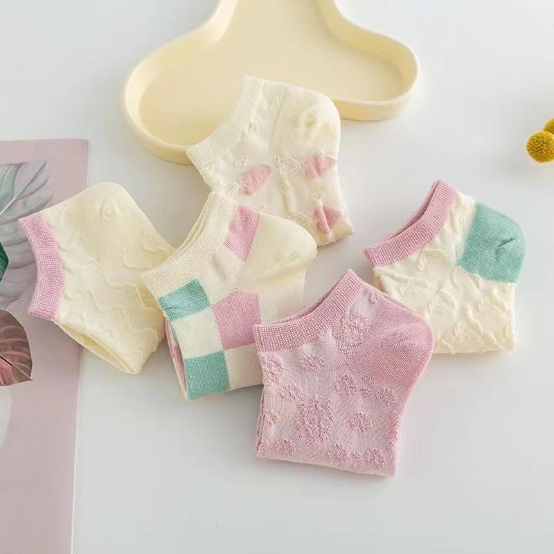 5pairs Women Spring and Summer Thin Cotton Socks, Fragmented Flower Invisible Girl Boat Socks, Short Socks