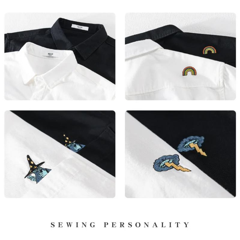 Chic Embroidered White Shirts for Men Spring and Summer Streetwear Youth New Casual Tops Pure Cotton Long Sleeve Shirt Korean Style Men Clothing