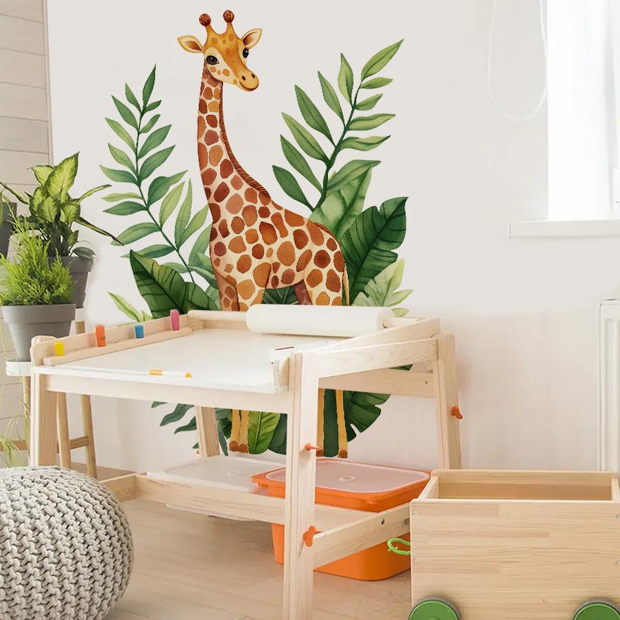 Cartoon Giraffe Green Leaves Wall Sticker Kids Room Bedroom Wall Decoration Cute Self-Adhesive