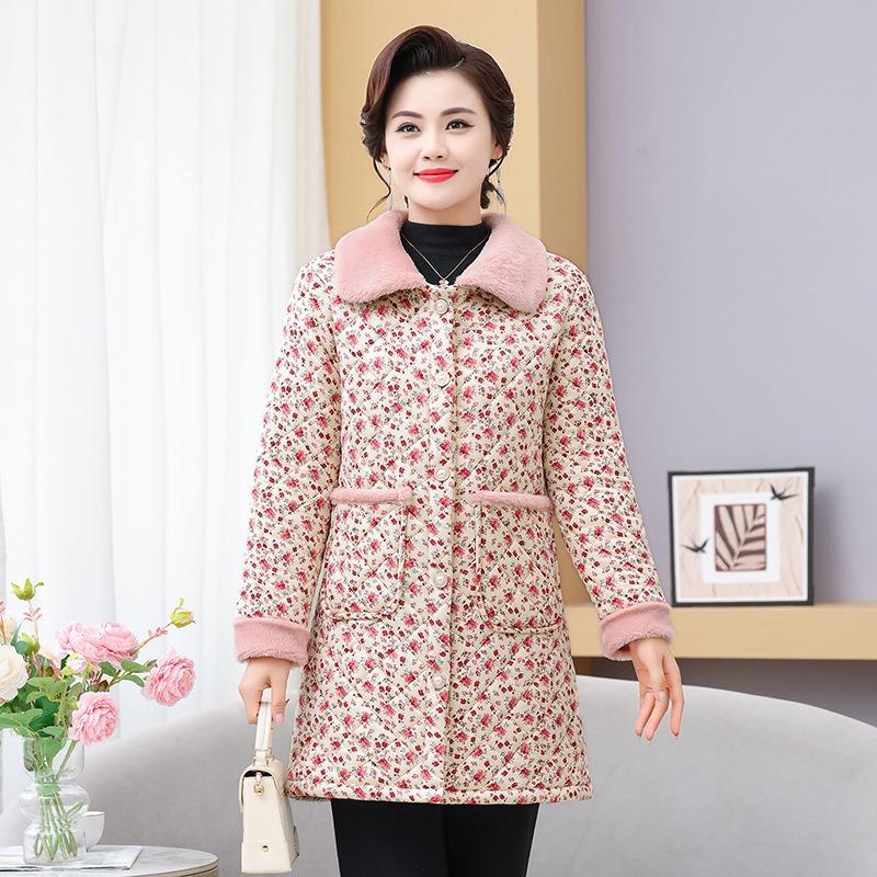 

Осенне-зимняя цветочная новая хлопковая одежда средней длины и длинная зимняя бархатная утолщенная хлопковая одежда теплая женская хлопковая куртка 5XL [recommended 150-80kg] красный