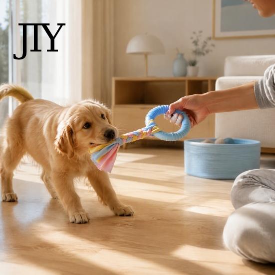 Boredom Buster for Dogs Dog Tug-of-War Toy, Rubber Ring with Braided Cloth Strips, Interactive Safe Non-Toxic Chewing Rings Chew Toy Small to