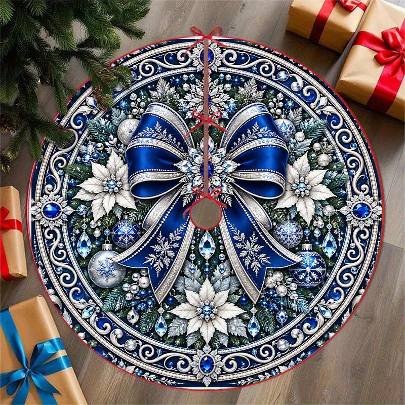 IPC Serene, Cool-Toned, Tree Skirts, Center Opening to Fit Tree Trunk, Encloses and Covers the Base of the Christmas Tree, Blue Background with Bow-Th