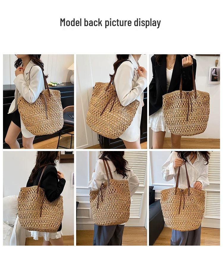Large Capacity Straw Woven Shoulder Tote - Ideal for Seaside Vacations and Commutes