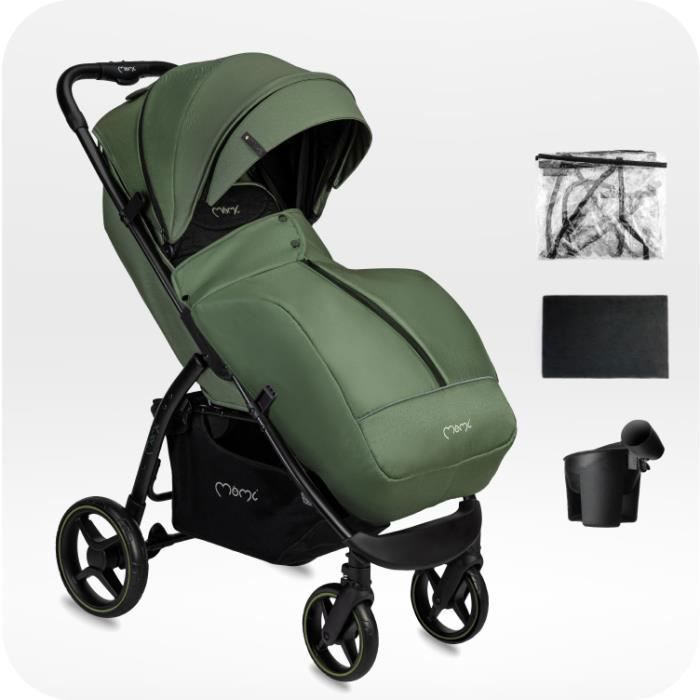 MoMi MIYA - Poussette Ultra Compacte - Dès 0 Mois Jusqu’à 22 Kg - Kit D’accessoires - Roues EVA 7"/10" - Vert