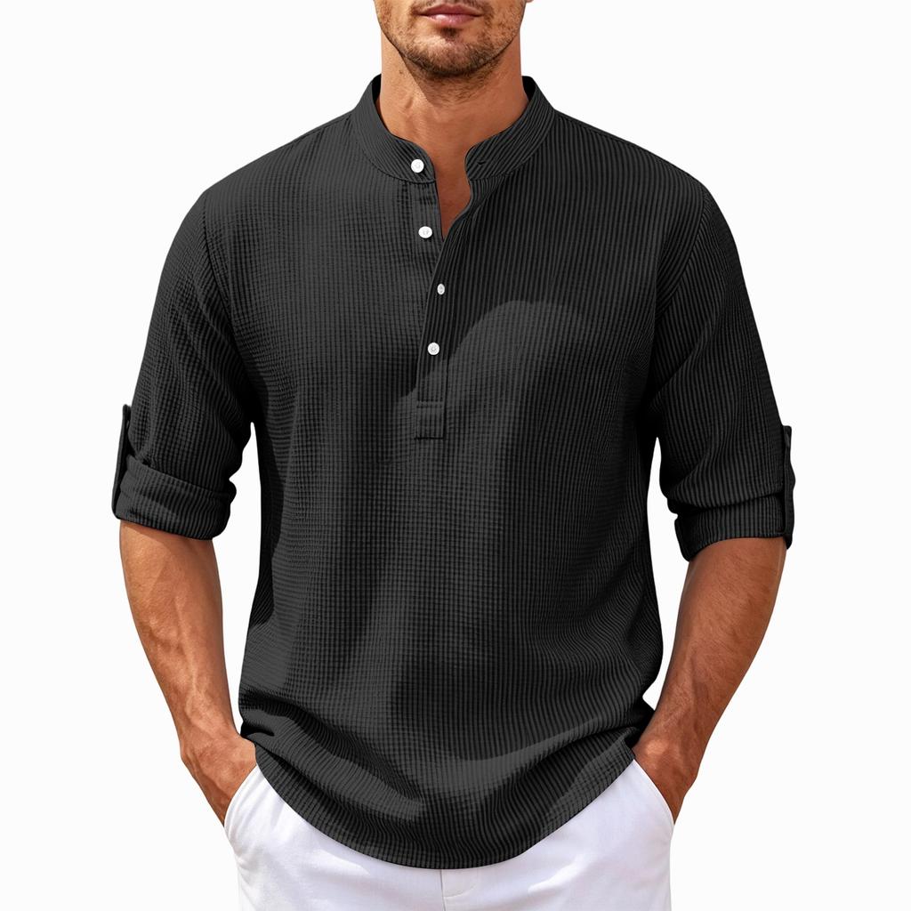Men's Casual Long Sleeve Shirt Pullover Stand Collar Buttoned Henley Shirt Lightweight Relaxed Fit Top for Daily Wear