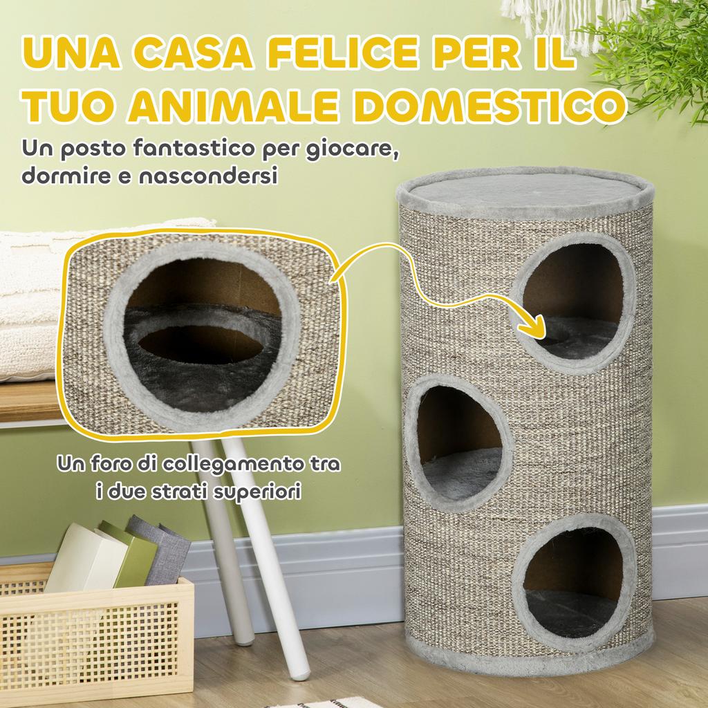 3-Tier Cat House with Sisal and Plush Scratching Post, Ø38x70cm, Light Grey