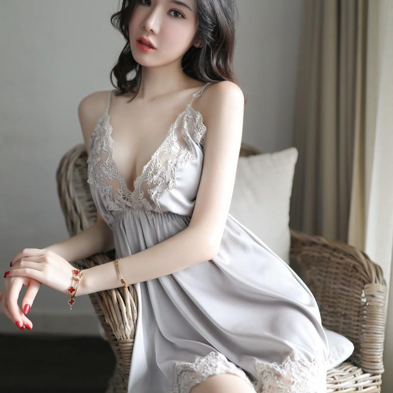 Bingliuguo Sexy Lingerie, Solid Color Slip Dress, Sexy Nightdress, Lace Embroidered Home Pajamas, Nightclub Temptation