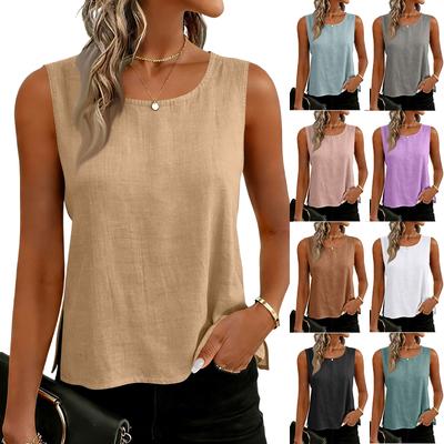 Women Sleeveless Linen Tank Top Casual Loose Fit Summer Blouse Lightweight Round Neck Pullover Basic Shirt for Daily Wear