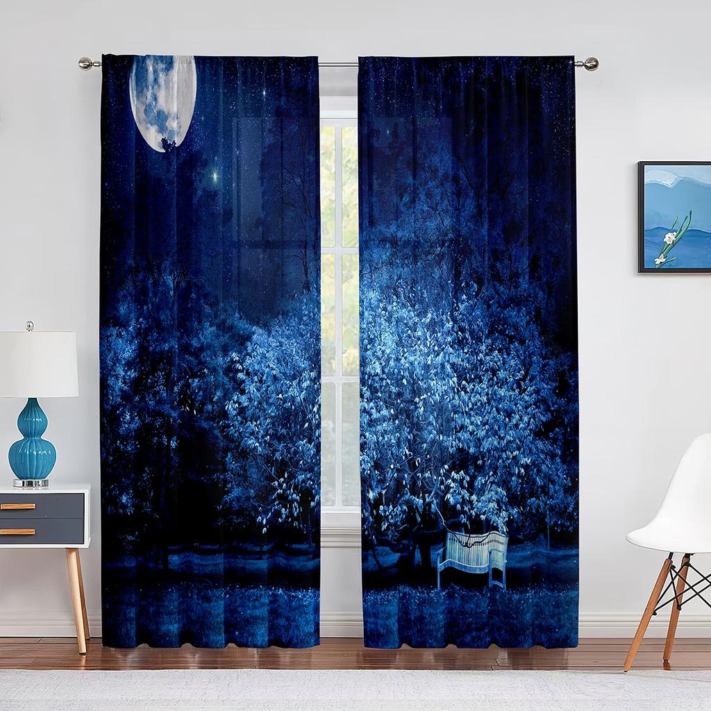 Full Moon Fantasy Starry Sky Night Scene Tulle Curtains for Living Room Bedroom Kitchen Decor Sheer Voile Curtain Organza Drapes