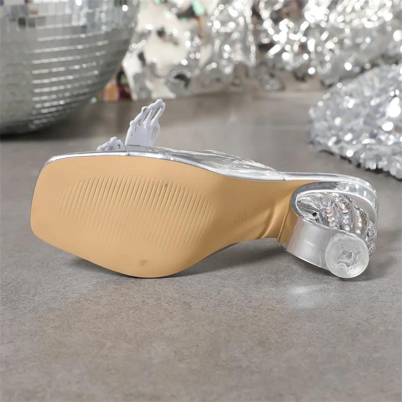 Mode Eilyken Neues Design Schmetterlingsknoten Eckige Zehenpartie Damen Hausschuhe Elegant PVC Transparent Kristall Runde Absätze Bankettschuhe