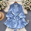 V Neck Puff Sleeve Satin Lace-up Solid Color Dresses for Women French Chic Pleated Dress Spring Women Dresses