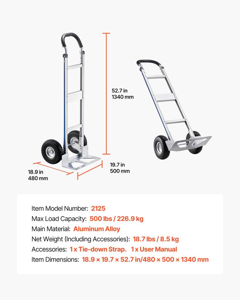 VEVOR Hand Truck, 226.9 Kg Load Capacity, Heavy-Duty Hand Truck Dolly with Non-Slip Wheels & Handle