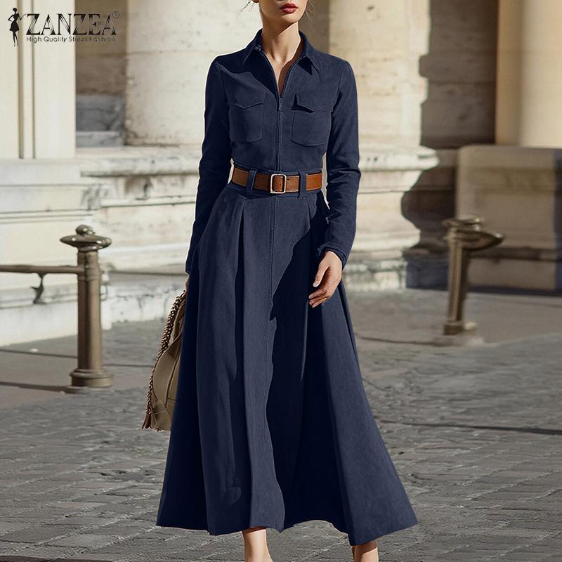 ZANZEA Women Casual Turn Down Collar Long Sleeve A-line Long Dress